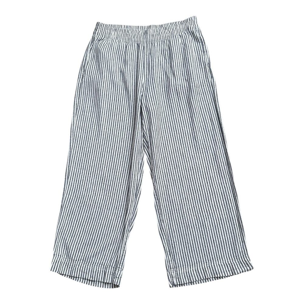 Old Navy Pants Women L High Rise Wide Leg Linen Blend Blue White Striped Pull On